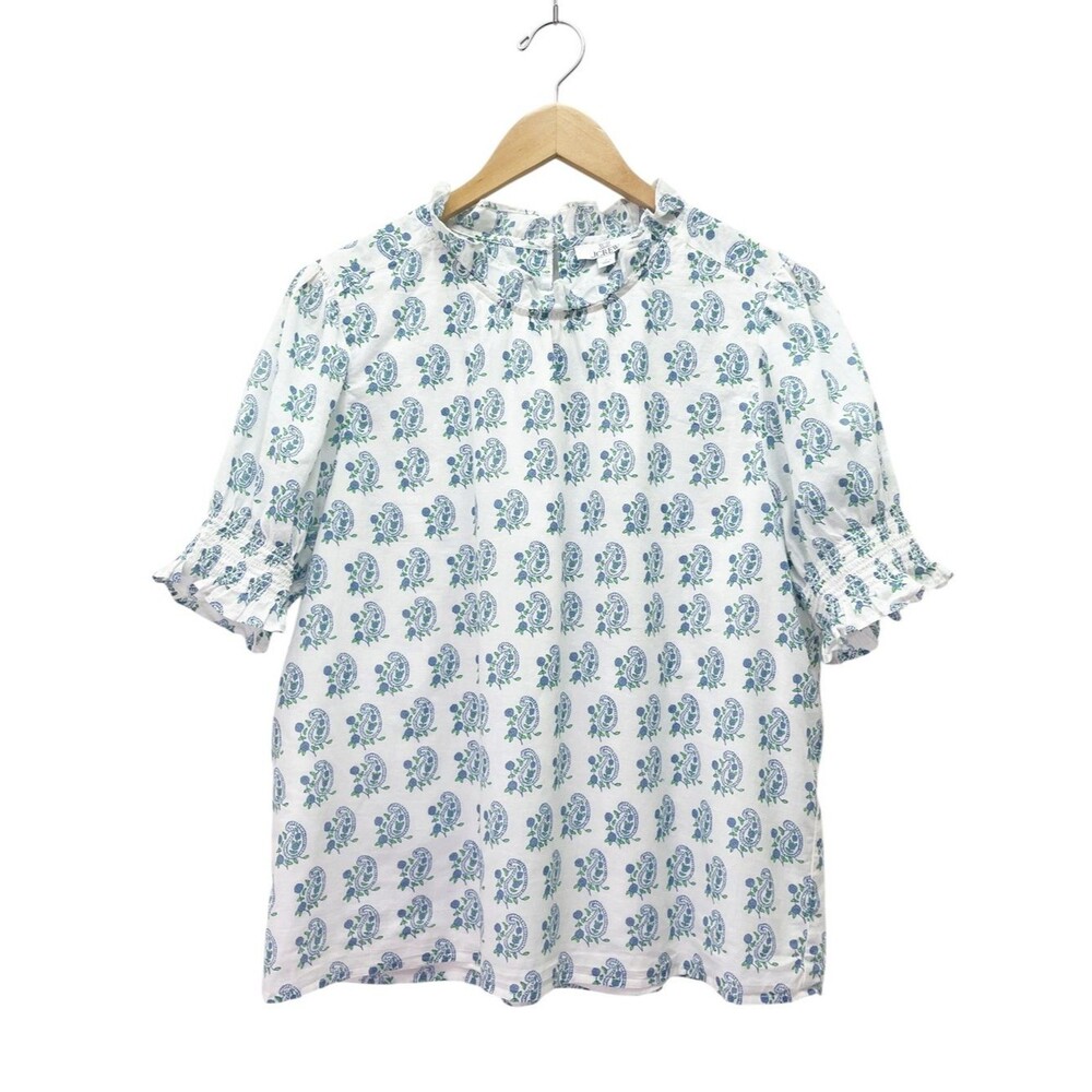 J. Crew x SZ Blockprints Paisley Puff Sleeve Top White Blue Organic Cotton Large - Picture 2 of 7